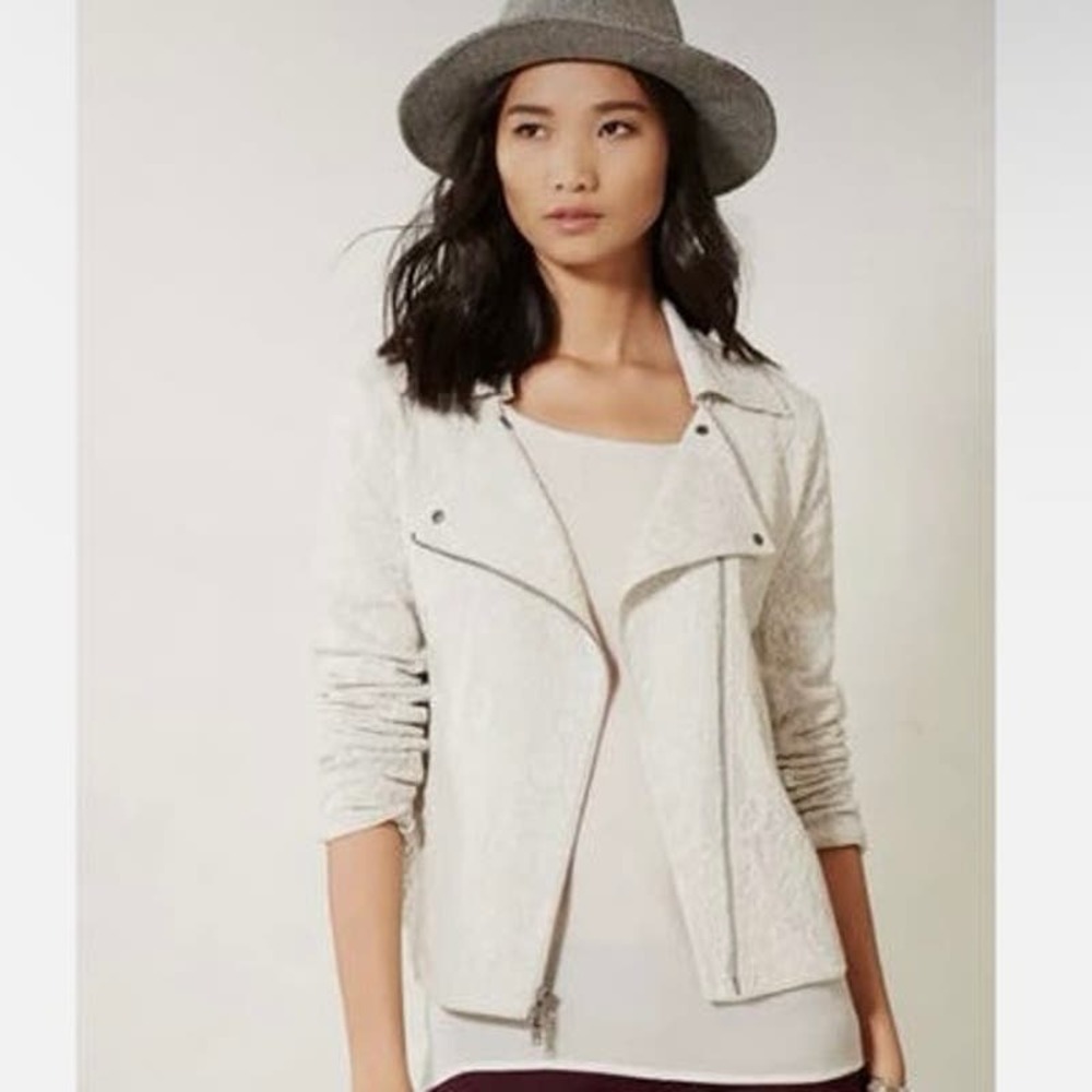 Anthropologie Saturday Sunday Luddy Moto Paisley Knit Sweater Jacket Pale Grey